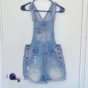 Denim distressed overall shorts